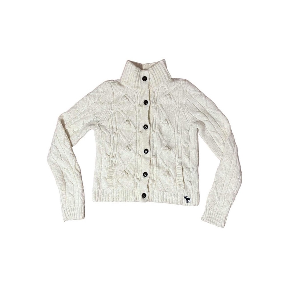 Vintage Abercrombie Cable Knit Hoodie Sweater Cream Button Cardigan Wool L